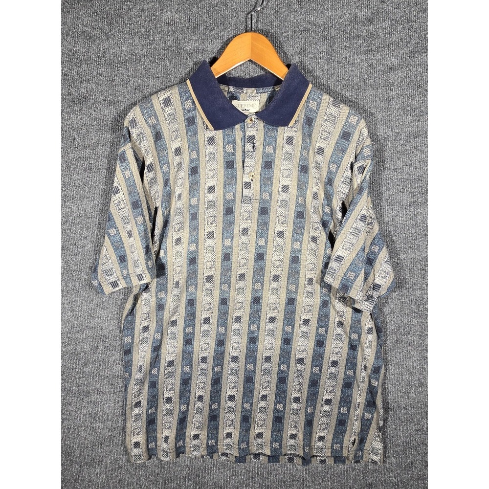 Vintage Supreme Polo Shirt Mens Large Blue Beige Geometric Striped Short Sleeve